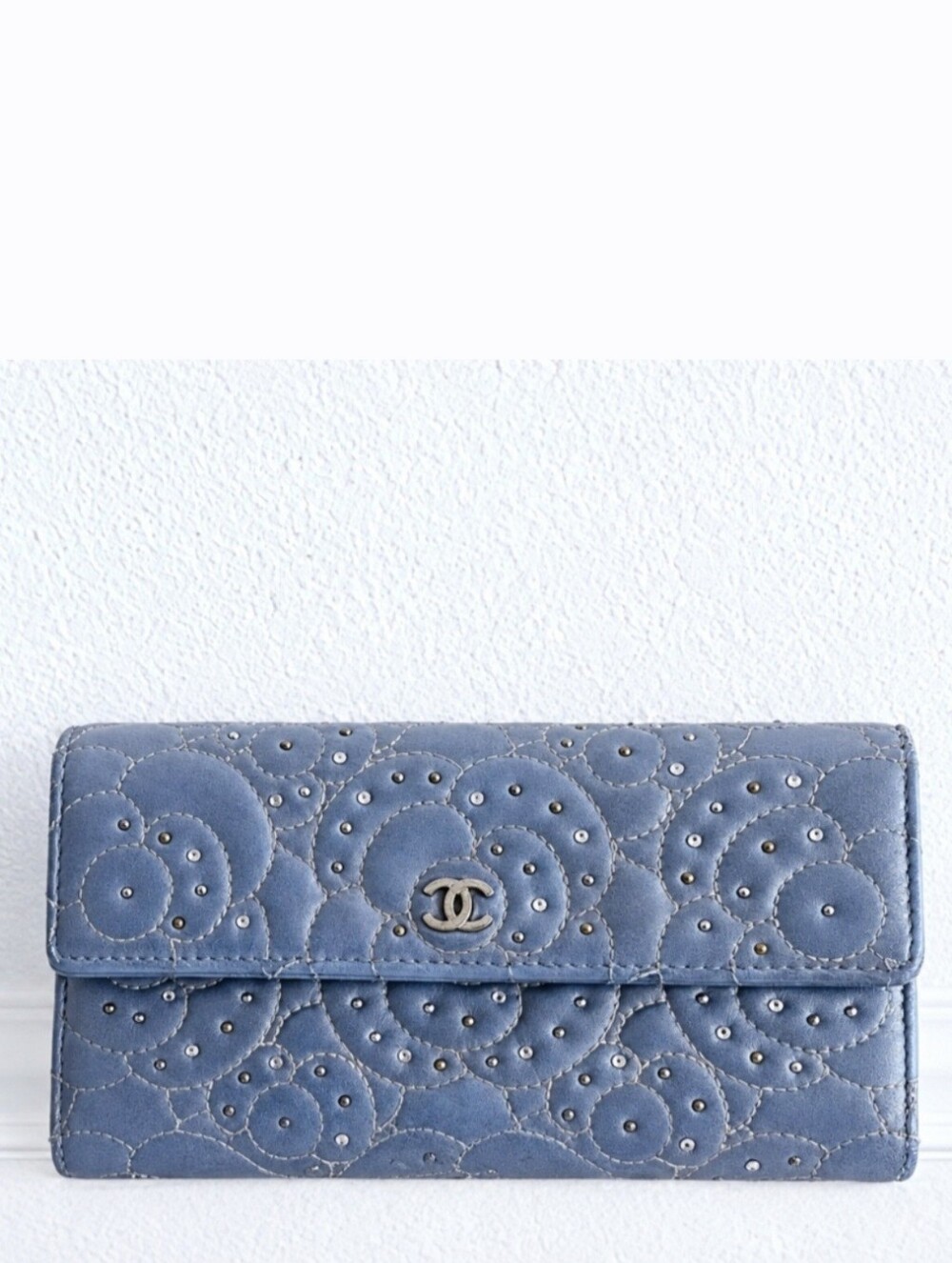 Chanel Blue Periwinkle Camelia Studded Long Flap Wallet